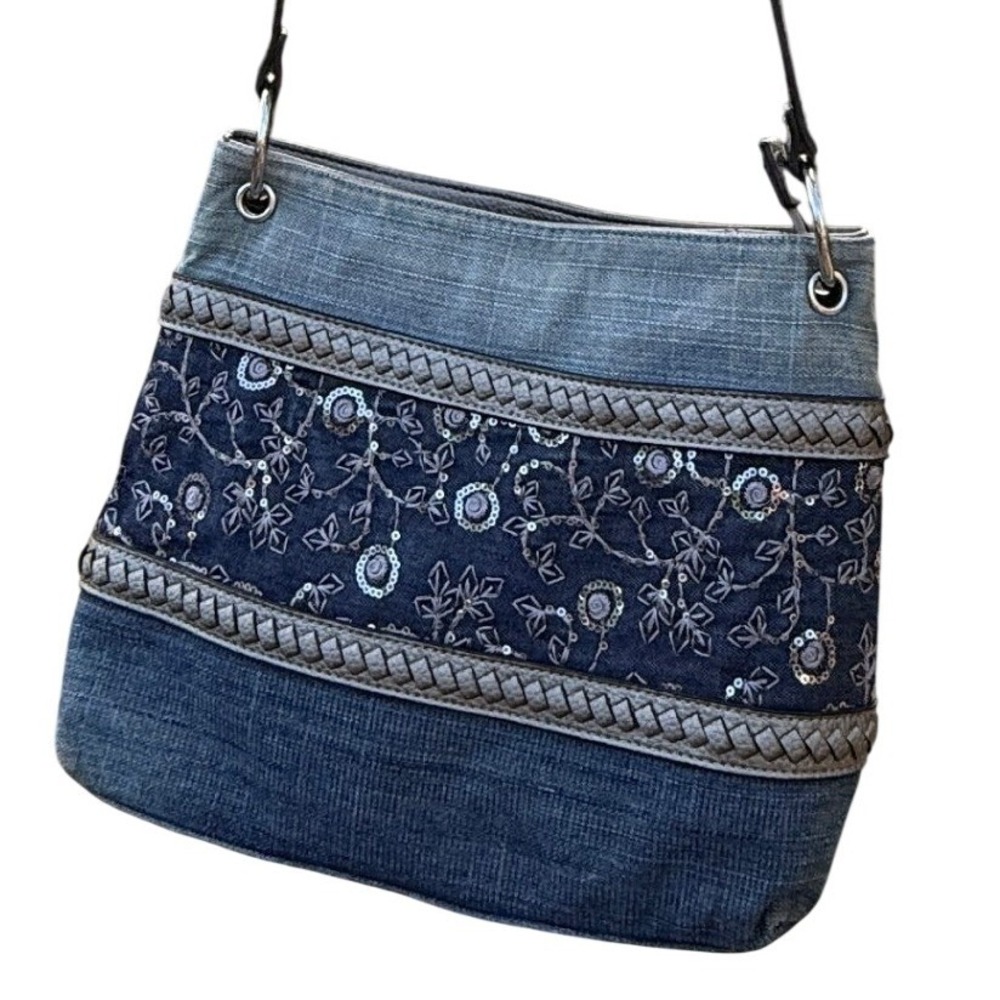 Massini Crossbody Bag Denim Embroidered Sequin Blue Metallic Boho Messenger Y2K